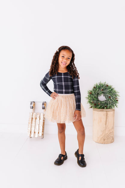 Black Plaid | CROPPED Bow Back Long Sleeve Top