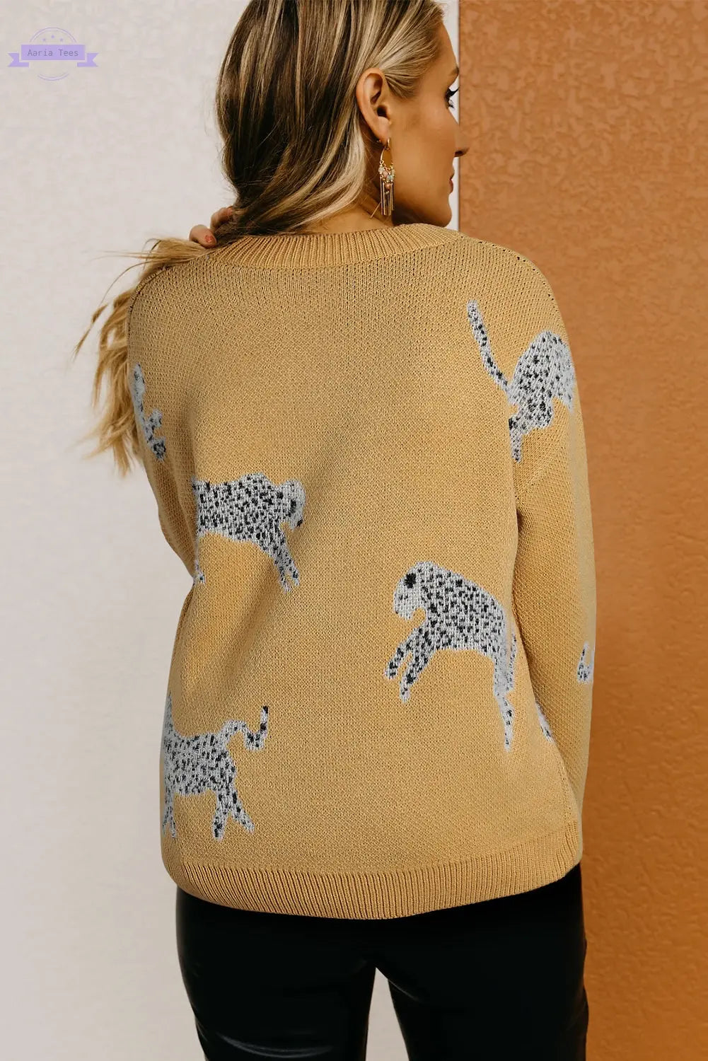 Camel Fuzzy Cheetah Accent Round Neck Sweater Aaria Tees