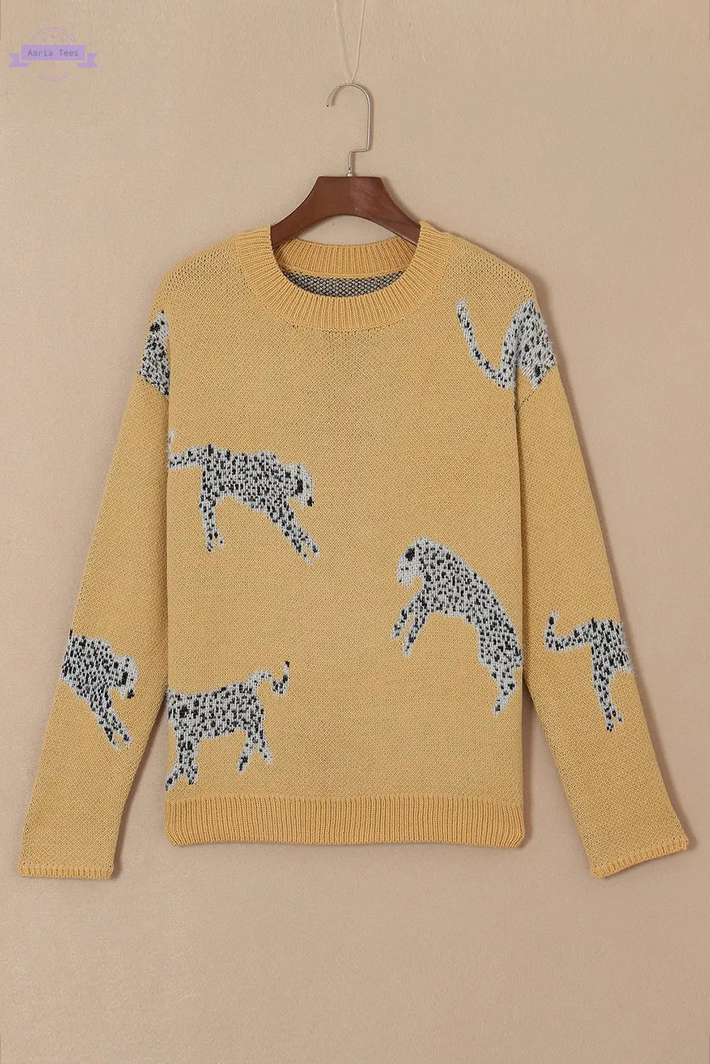 Camel Fuzzy Cheetah Accent Round Neck Sweater Aaria Tees