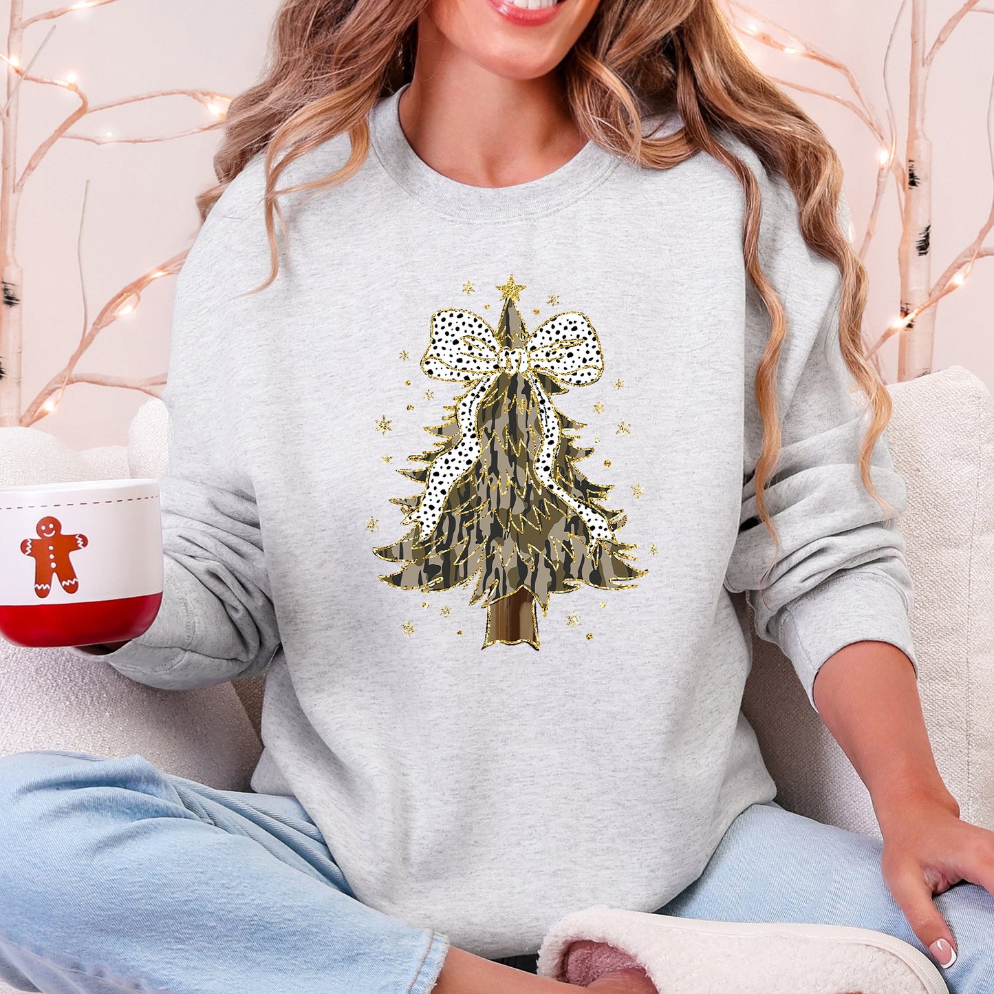 Christmas Camo Tree, Ribbon, Bows, Santa Sweatshirt