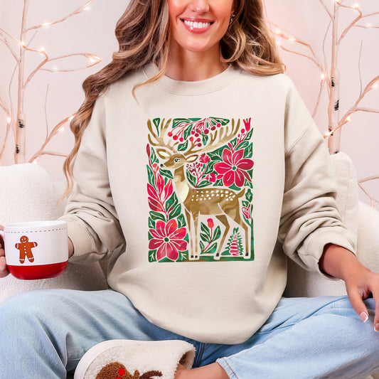 Christmas Deer, Colorful, Flowers, Santa, Snow Sweatshirt