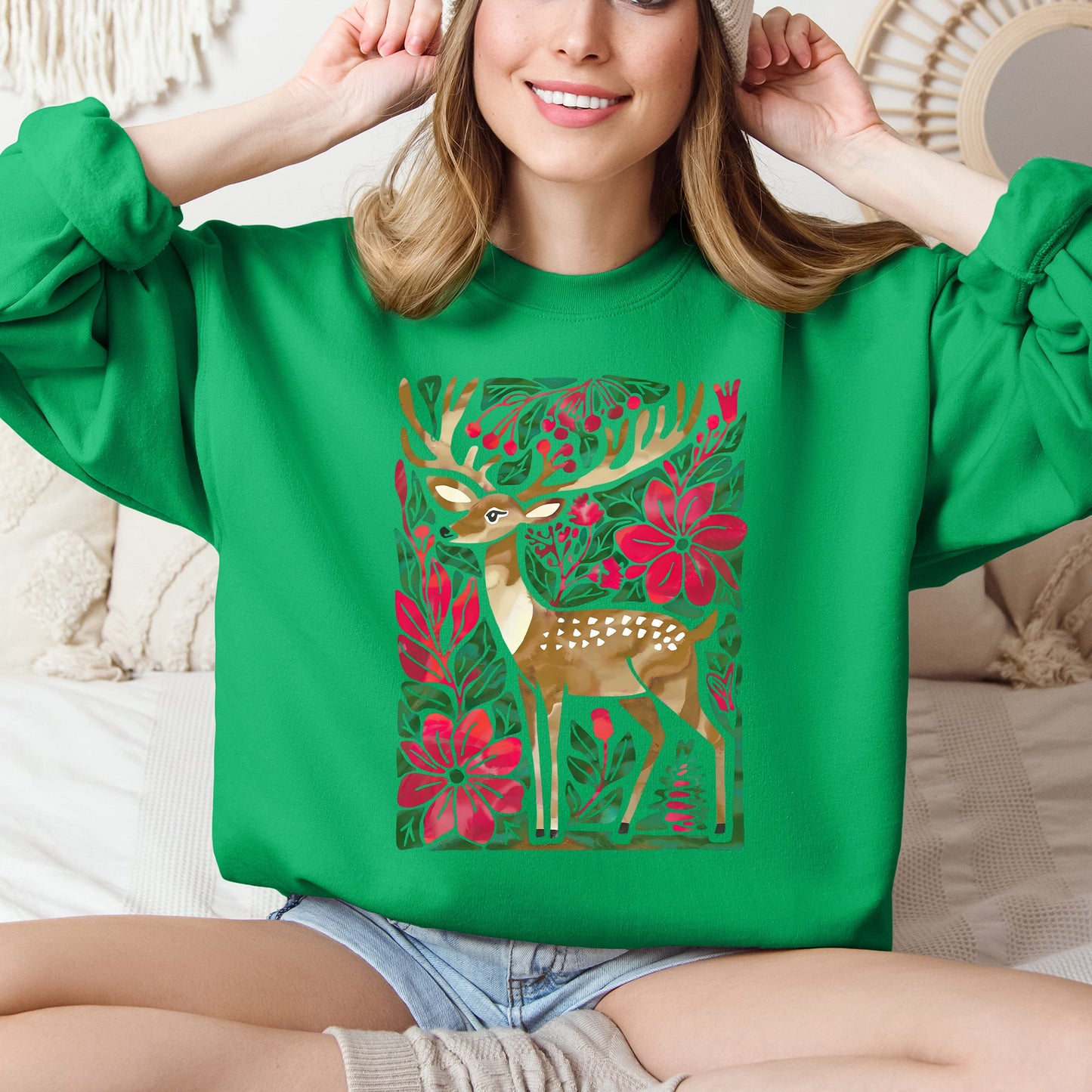 Christmas Deer, Colorful, Flowers, Santa, Snow Sweatshirt