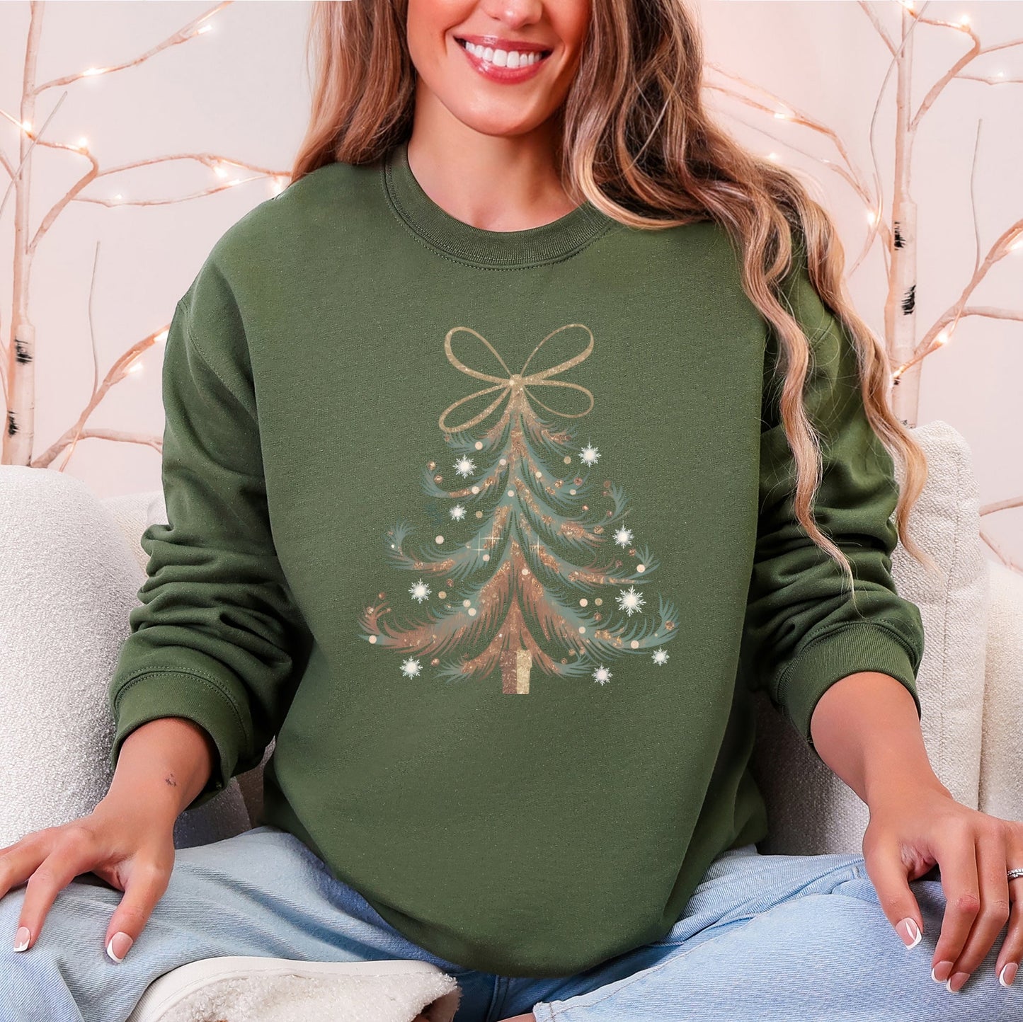 Christmas Tree, Vintage Elegant, Ribbon, Bows, Santa Sweatshirt