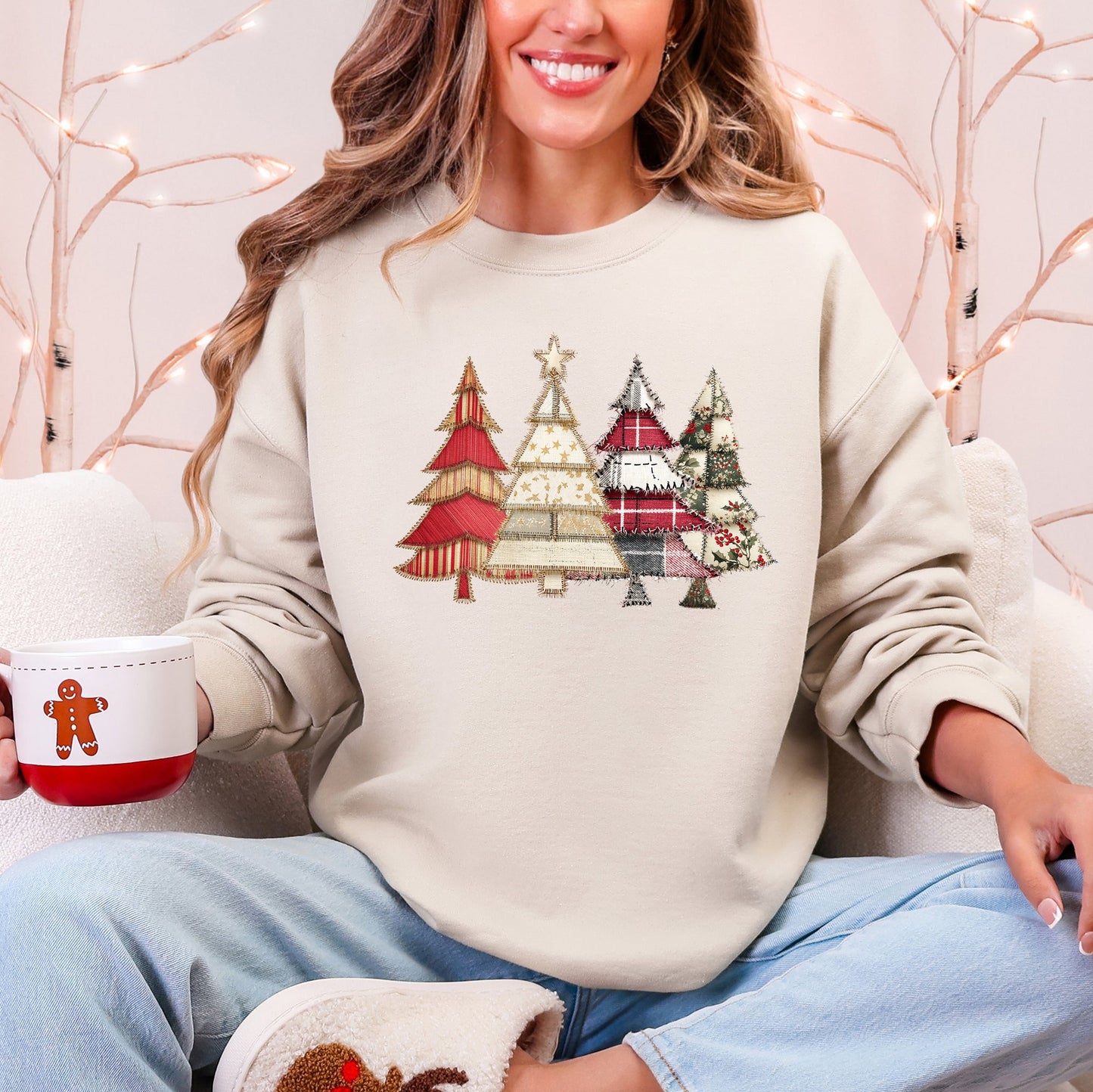 Christmas Trees, Faux Quilt, Santa, Traditional Sweatshirt