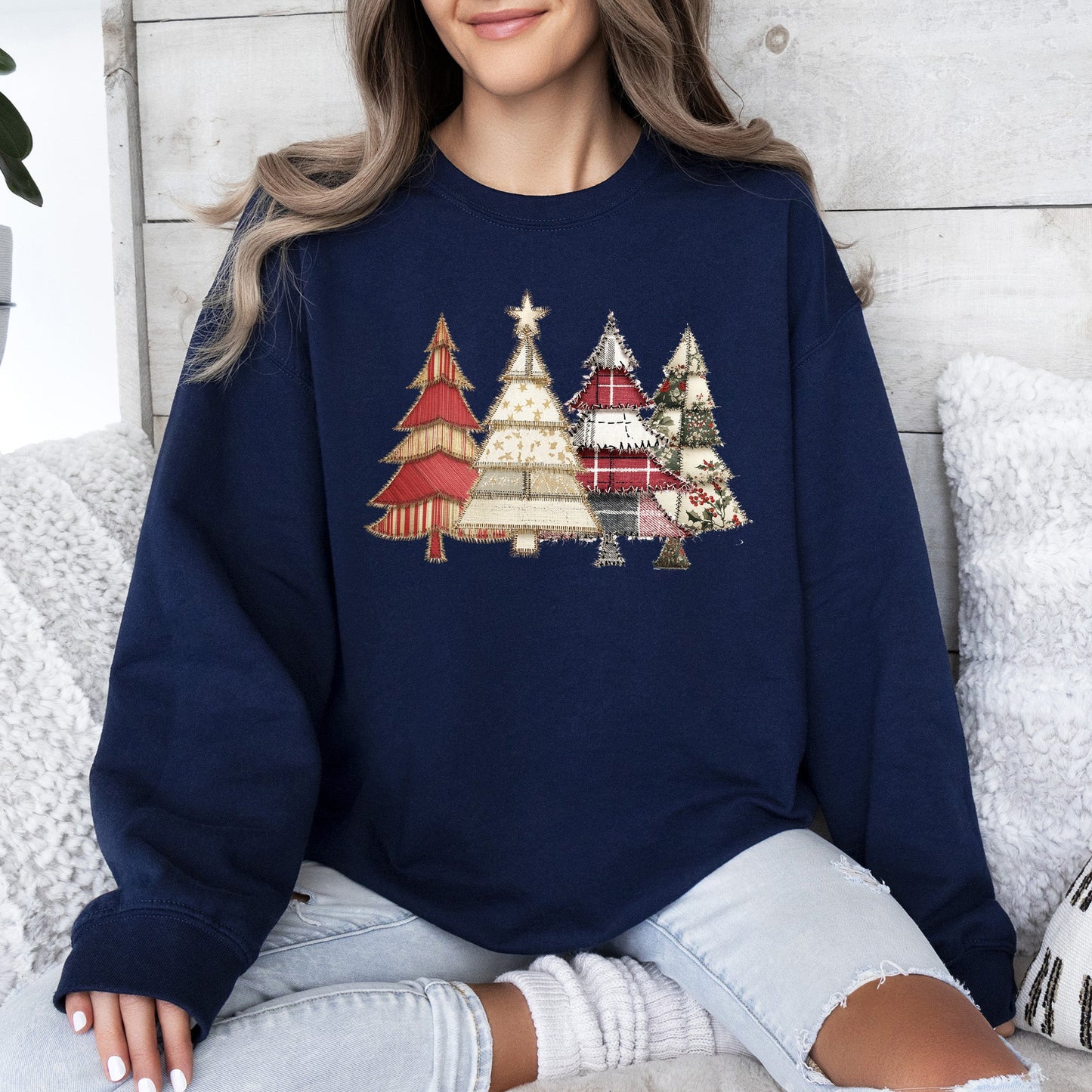 Christmas Trees, Faux Quilt, Santa, Traditional Sweatshirt