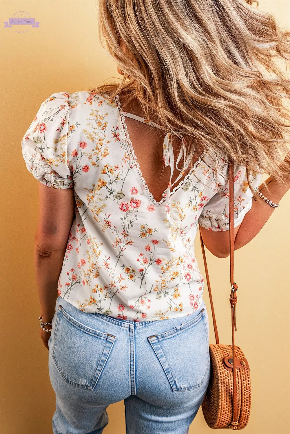 Claire Floral Lace Trim Short Sleeve Blouse Threaded Pear