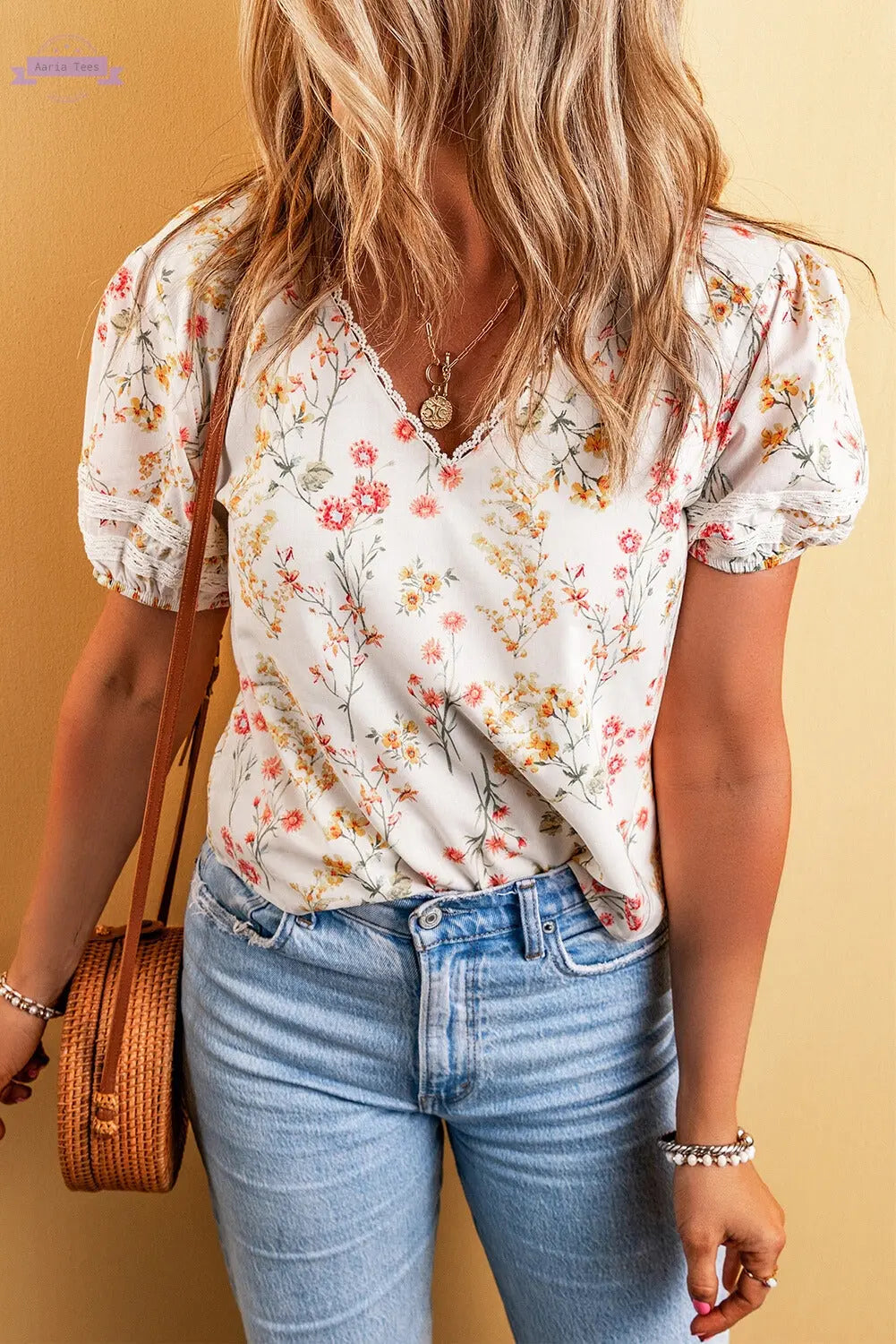 Claire Floral Lace Trim Short Sleeve Blouse Threaded Pear