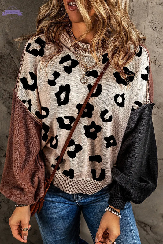 Coffee Leopard Print Colorblock Pullover Sweater - Aaria Tees