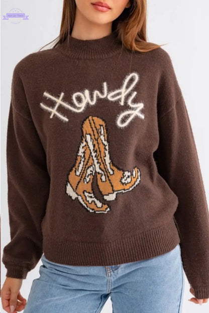 Coffee Western Howdy Boot Graphic High Neck Sweater - Aaria Tees