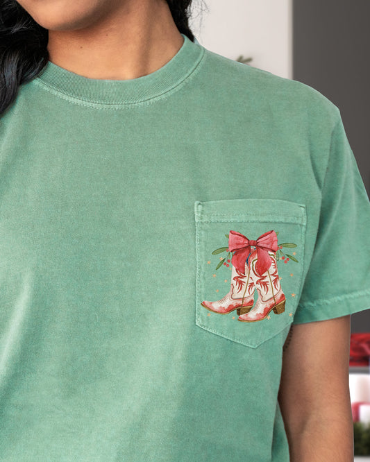 Cowboy Boots, Pocket, Christmas, Bow, Mistletoe, Santa, Winter, Snow, Xmas Pocket Tee Comfort Colors T-Shirt