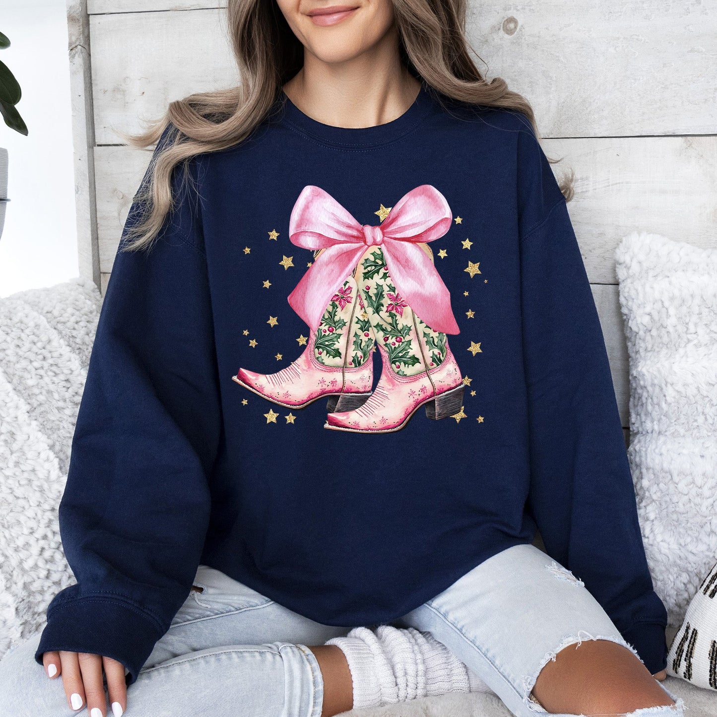 Cowgirl Christmas, Cowboy Boots, Country, Western, Santa, Ribbons, Bows Sweatshirt