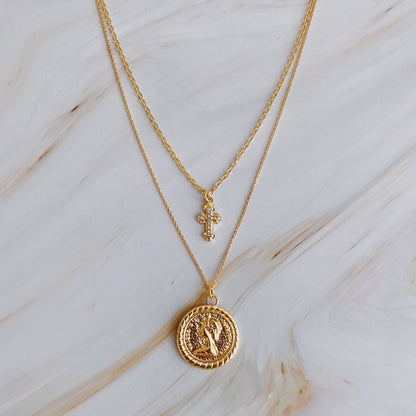 Cross And Coin Layered Necklace - Aaria Tees