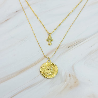 Cross And Coin Layered Necklace - Aaria Tees