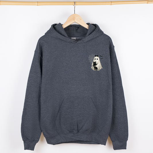 Cute Ghost, Black Cat, Halloween, Coquette, Pocket Hoodie, Hooded Sweatshirt
