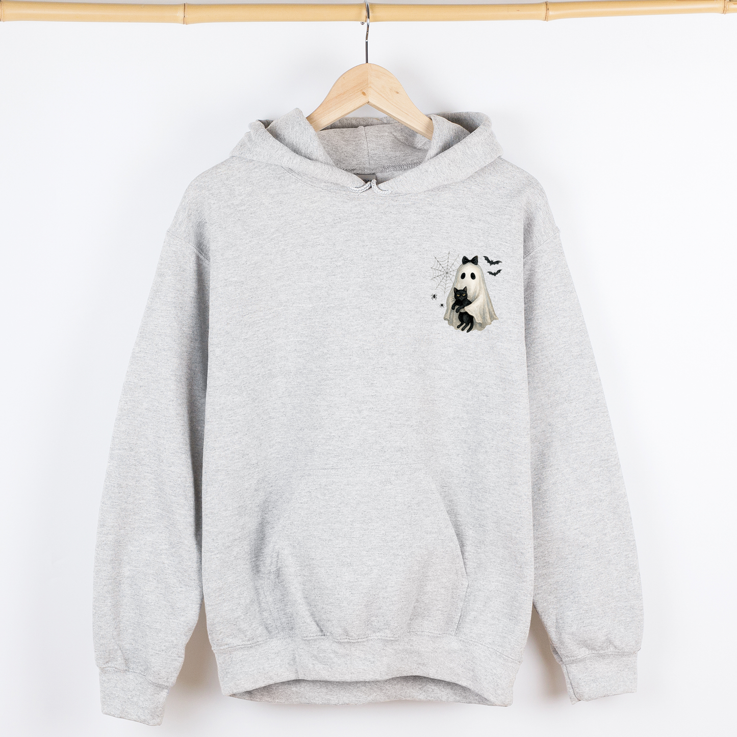 Cute Ghost, Black Cat, Halloween, Coquette, Pocket Hoodie, Hooded Sweatshirt