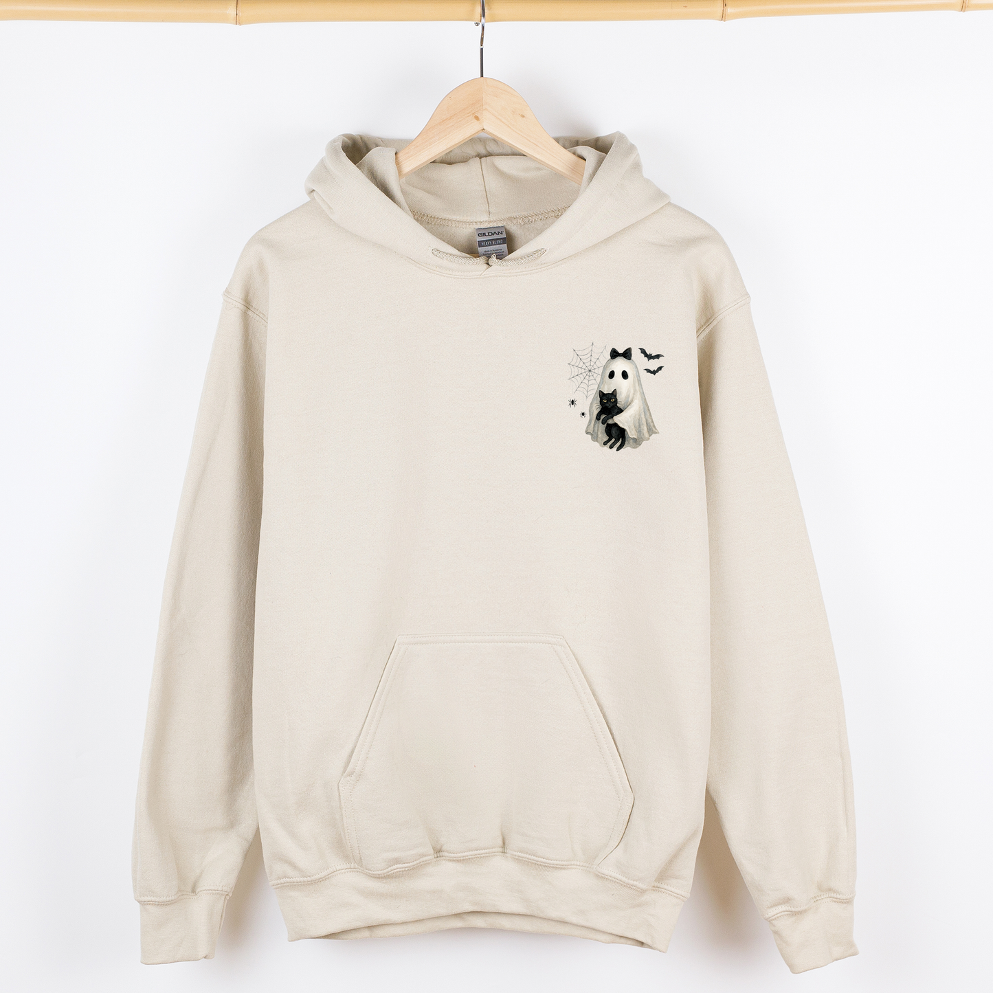 Cute Ghost, Black Cat, Halloween, Coquette, Pocket Hoodie, Hooded Sweatshirt
