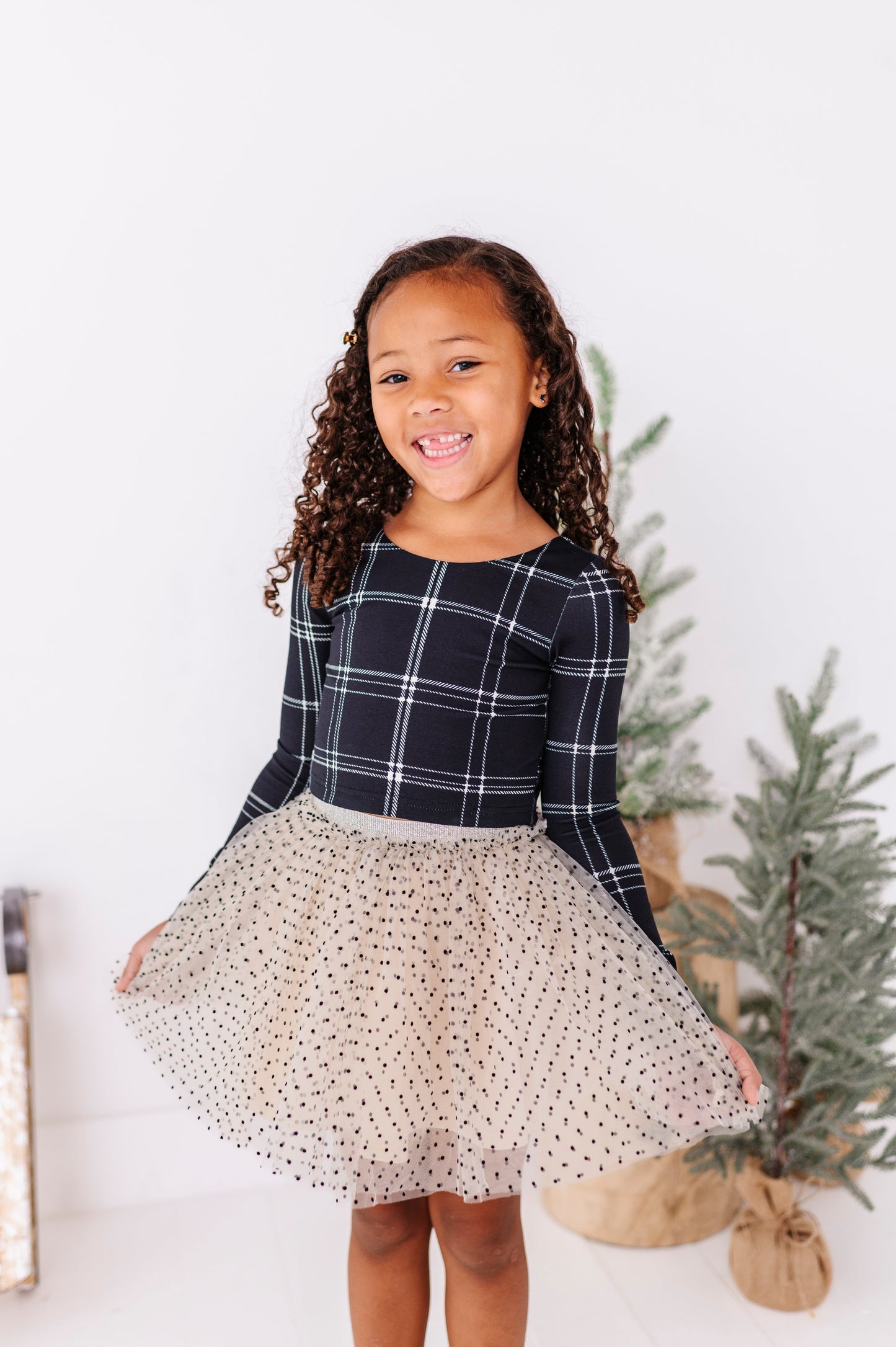 Black Plaid | CROPPED Bow Back Long Sleeve Top