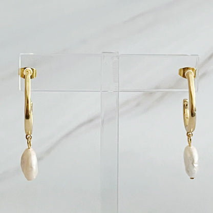 Dangle Pearl Gold Hoop Earrings