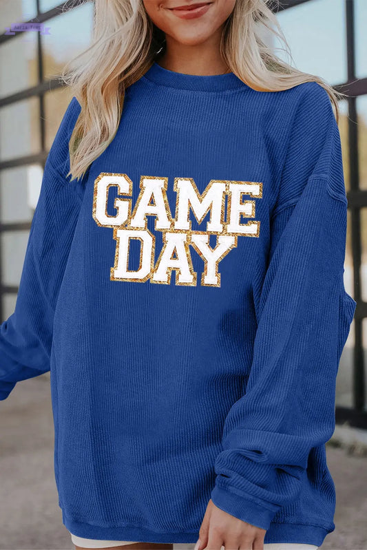 Dark Blue GAME DAY Glitter Detail Ribbed Drop Shoulder Sweatshirt Aaria Tees