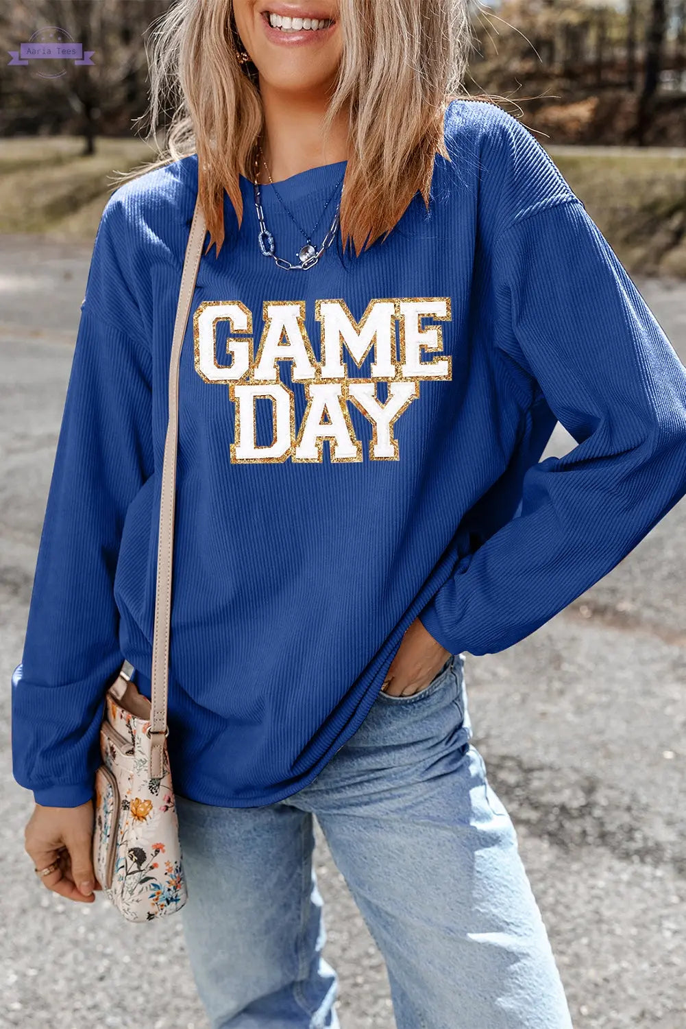 Dark Blue GAME DAY Glitter Detail Ribbed Drop Shoulder Sweatshirt Aaria Tees