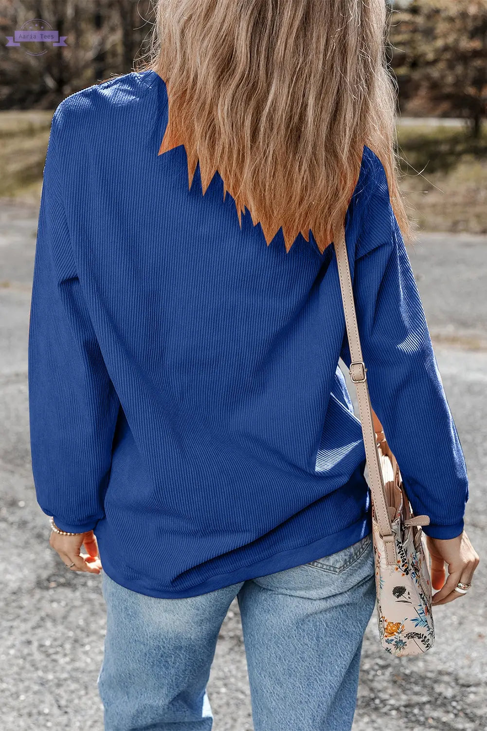 Dark Blue GAME DAY Glitter Detail Ribbed Drop Shoulder Sweatshirt Aaria Tees