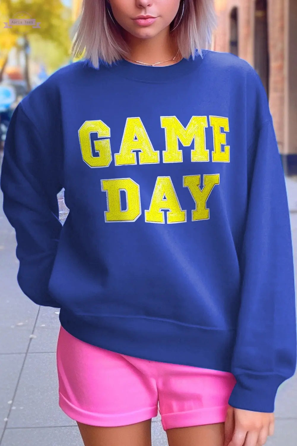 Dark Blue Game Day Crew Neck Graphic Pullover Sweatshirt Aaria Tees