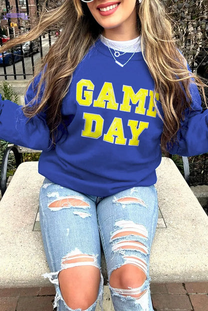 Dark Blue Game Day Crew Neck Graphic Pullover Sweatshirt Aaria Tees