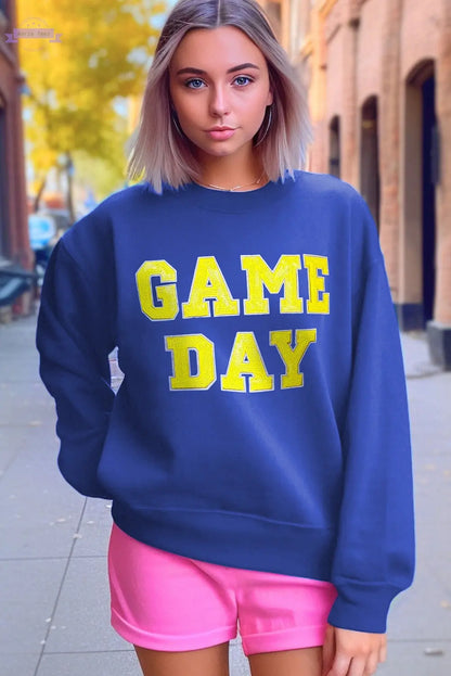 Dark Blue Game Day Crew Neck Graphic Pullover Sweatshirt Aaria Tees