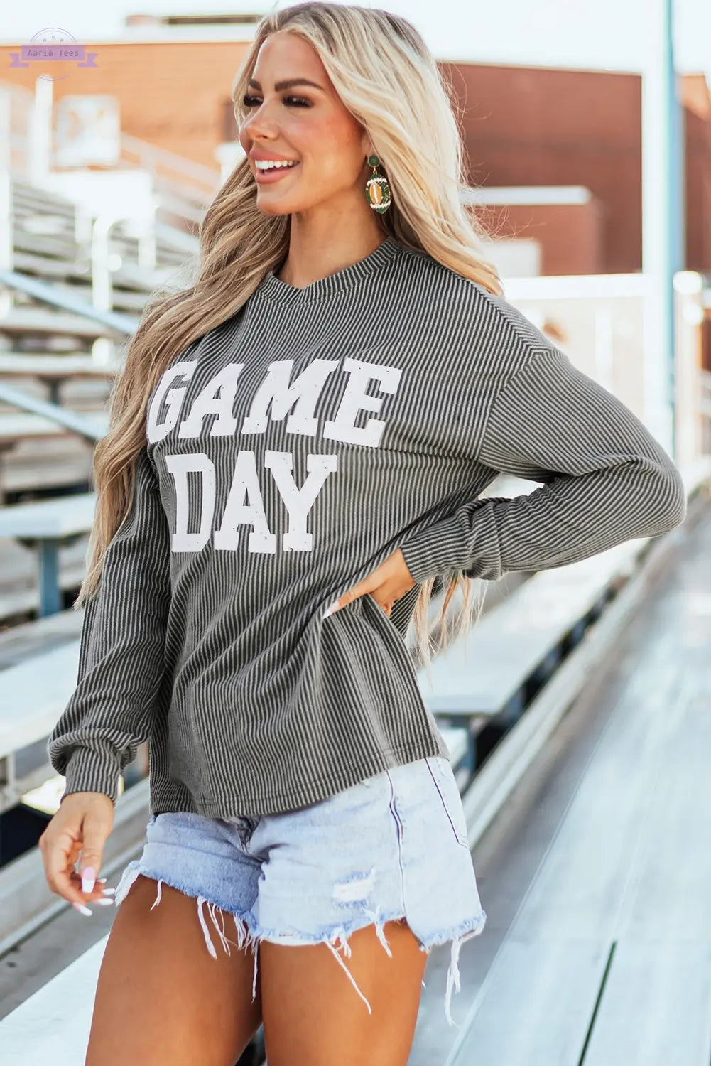 Dark Grey Corded GAME DAY Graphic Long Sleeve Crewneck Top Aaria Tees