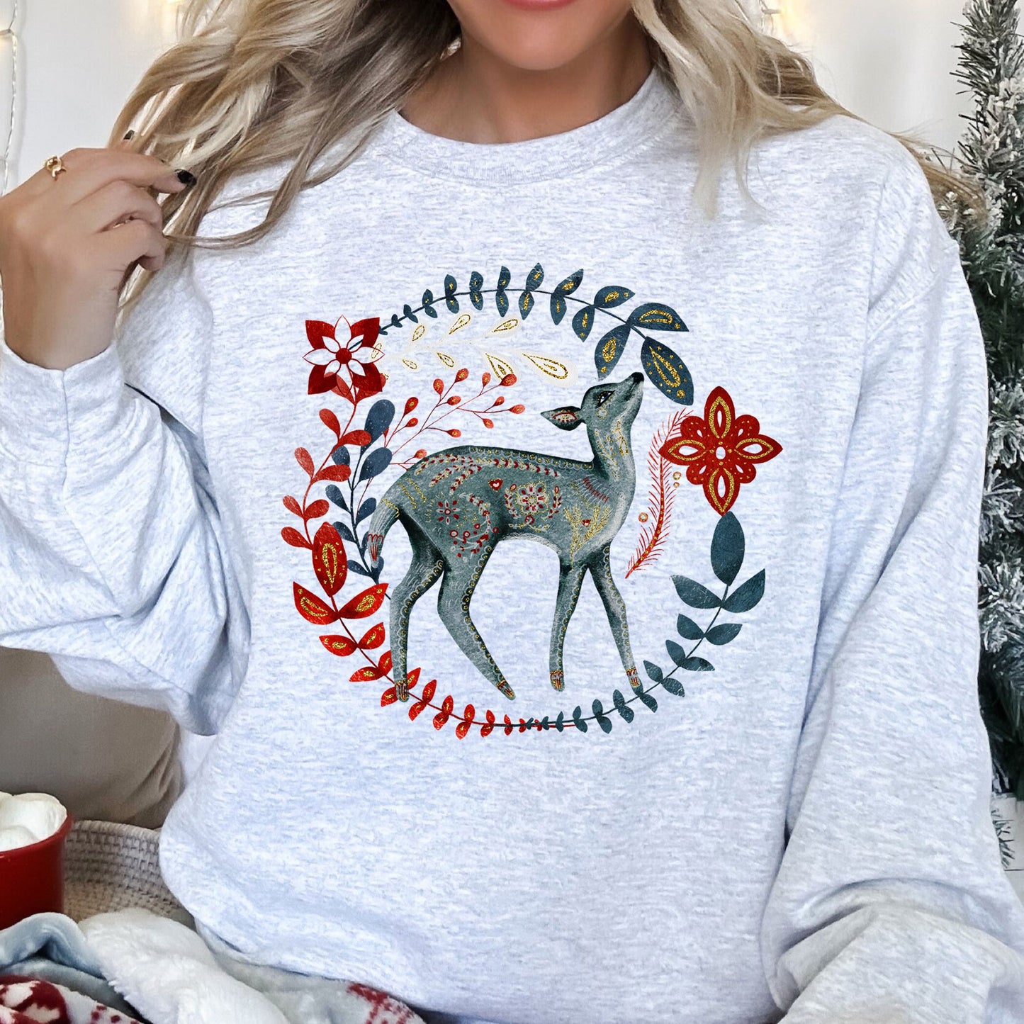 Deer Folk Art Scandinavian Christmas Sweatshirt