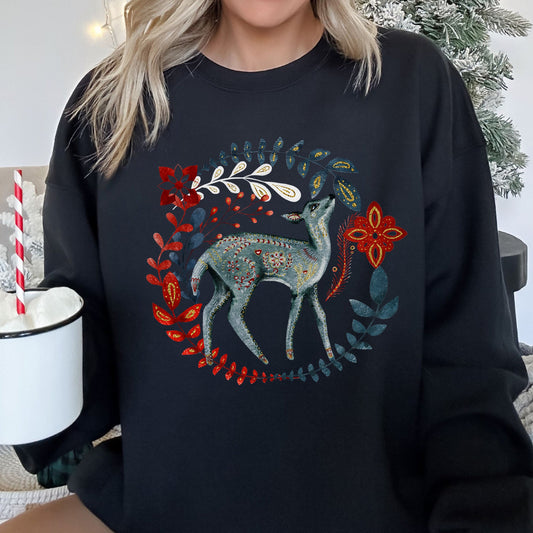 Deer Folk Art Scandinavian Christmas Sweatshirt