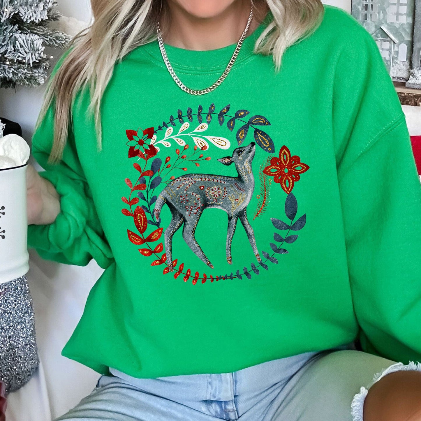 Deer Folk Art Scandinavian Christmas Sweatshirt