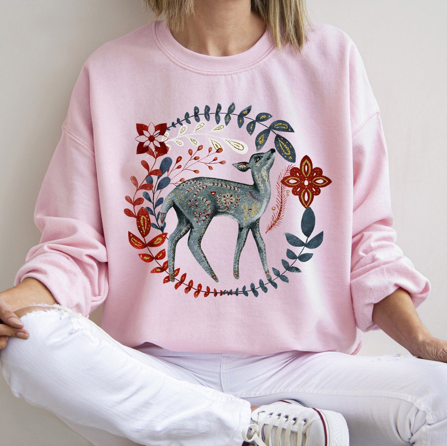Deer Folk Art Scandinavian Christmas Sweatshirt