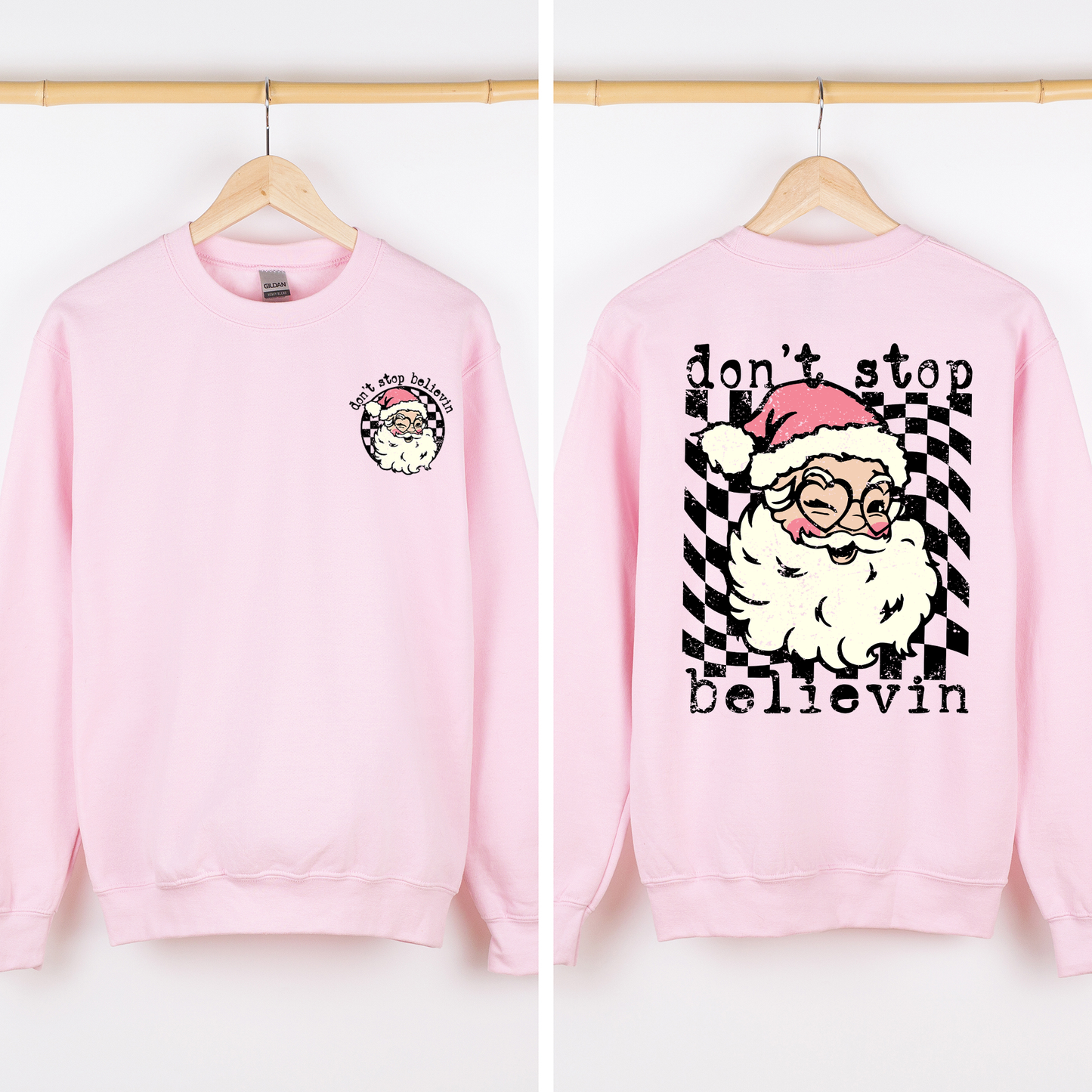 Don't Stop Believin, Santa, Christmas, Checkered, Vintage, Cute, Front and Back Sweatshirt