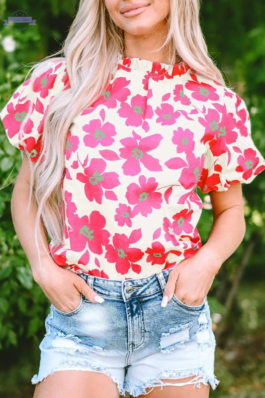 Elyse Floral Puff Sleeve Frilled Neckline Blouse Threaded Pear