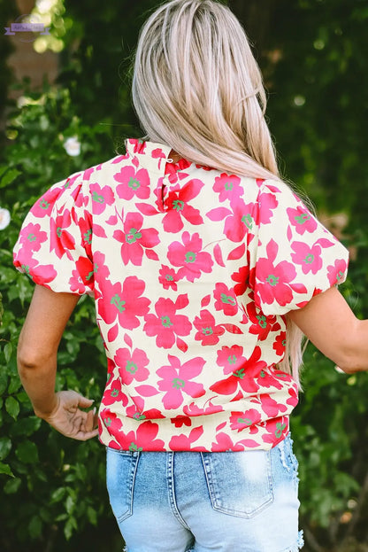 Elyse Floral Puff Sleeve Frilled Neckline Blouse Threaded Pear