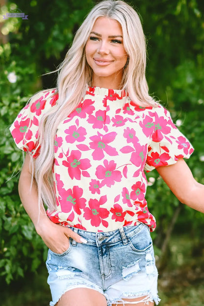 Elyse Floral Puff Sleeve Frilled Neckline Blouse Threaded Pear