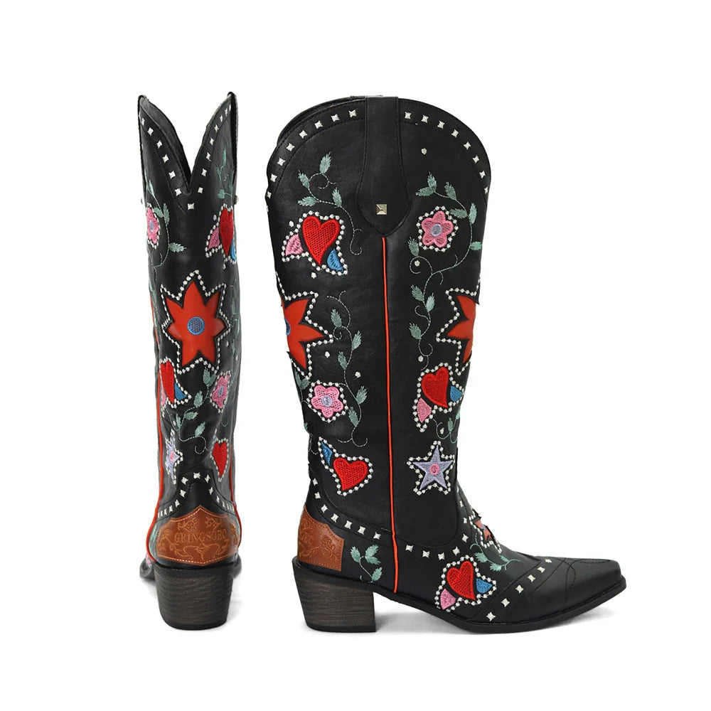 Vintage Womens Embroidered Long Boots Cowboy Western Knee High - Aaria Tees