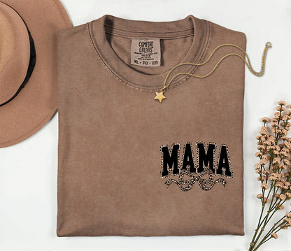 Mama Leopard Ribbon Comfort Colors T Shirt (Left Chest)