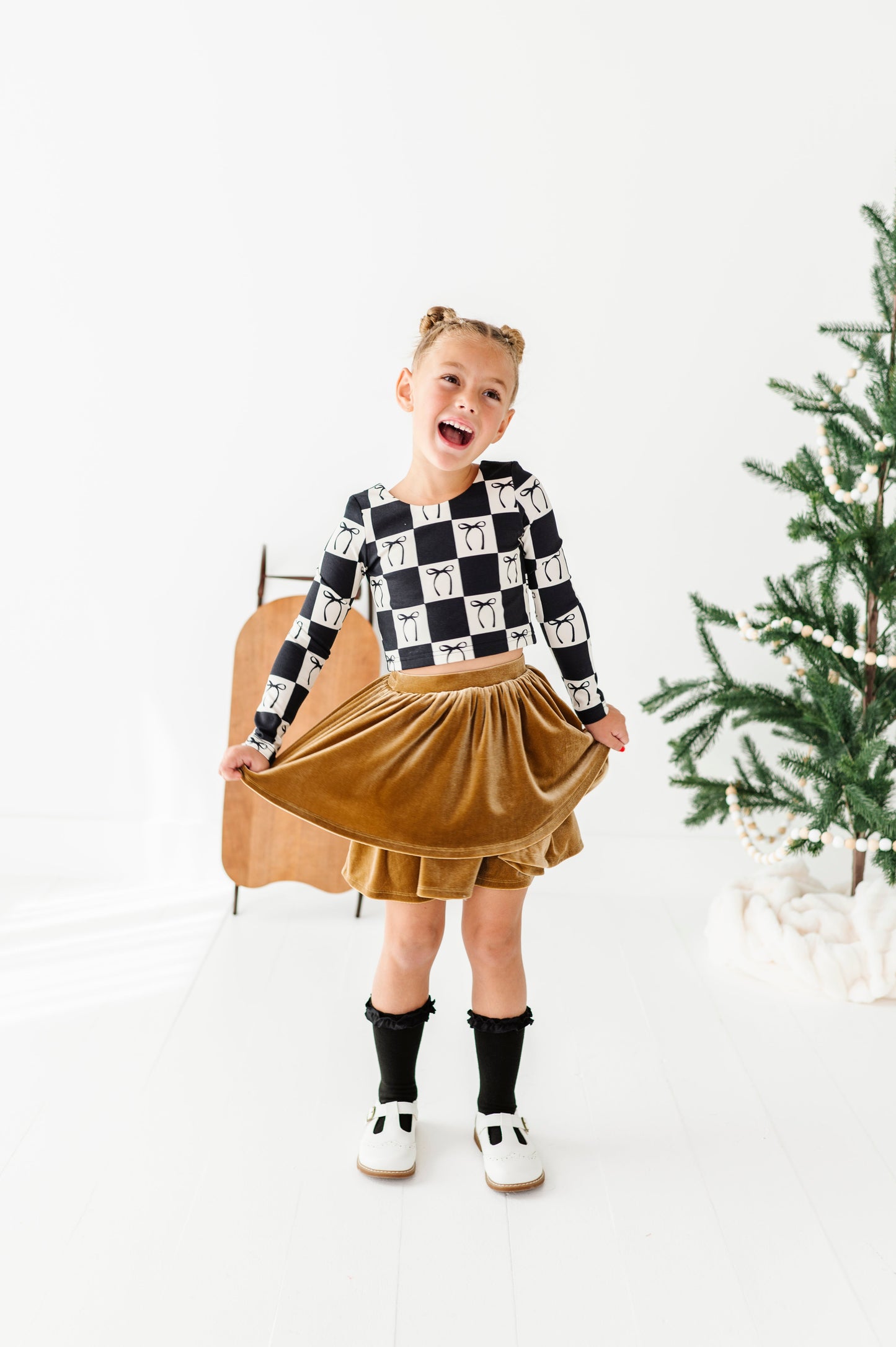 Checkered Bow | CROPPED Bow Back Long Sleeve Top