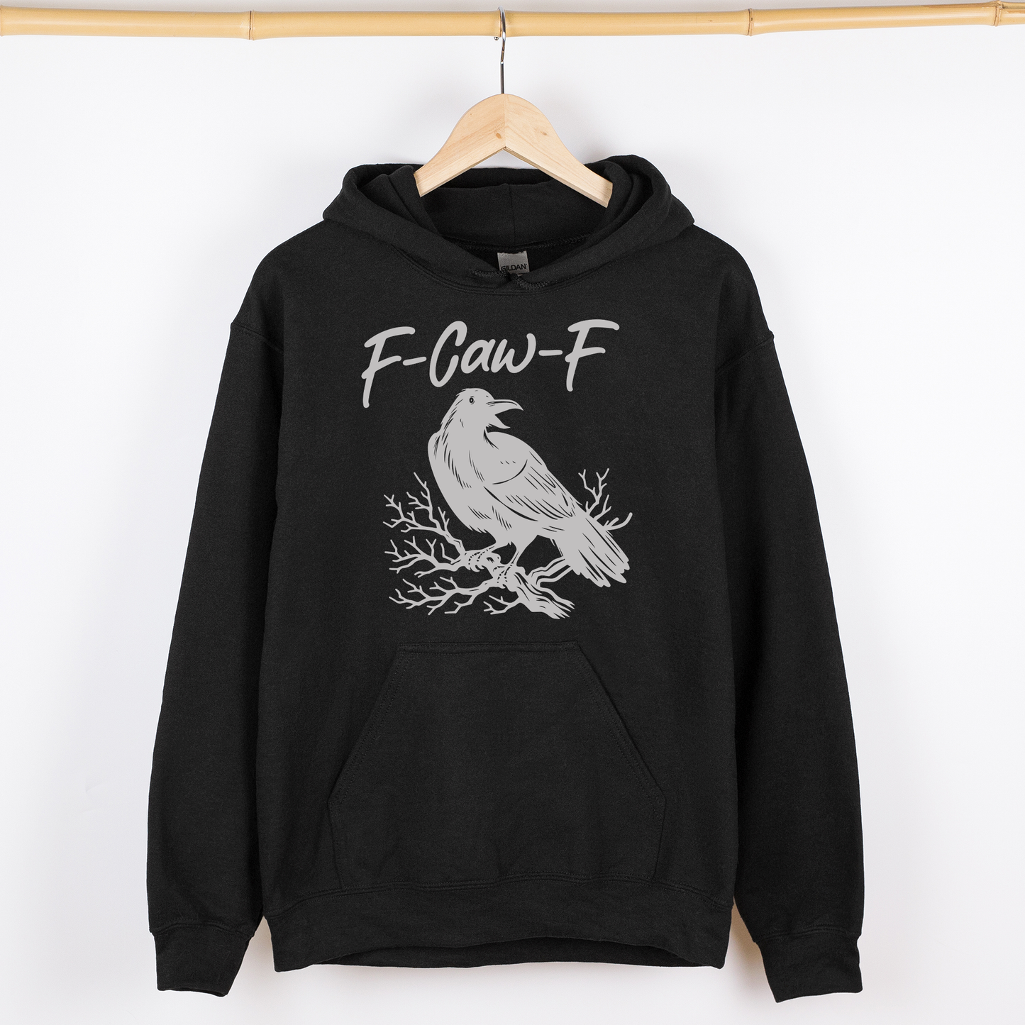 F Caw F, Raven, Crow, Funny, Trending, Vulgar, Crude, Halloween, Goth, Witch, Spooky, Graphic Hoodie, Hooded Sweatshirt