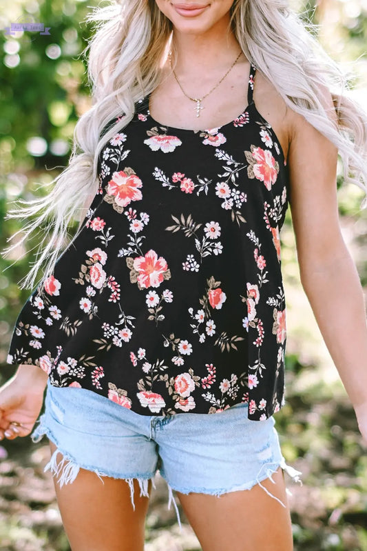 Fallon Floral Spaghetti Straps Strappy Back Tank Top Threaded Pear