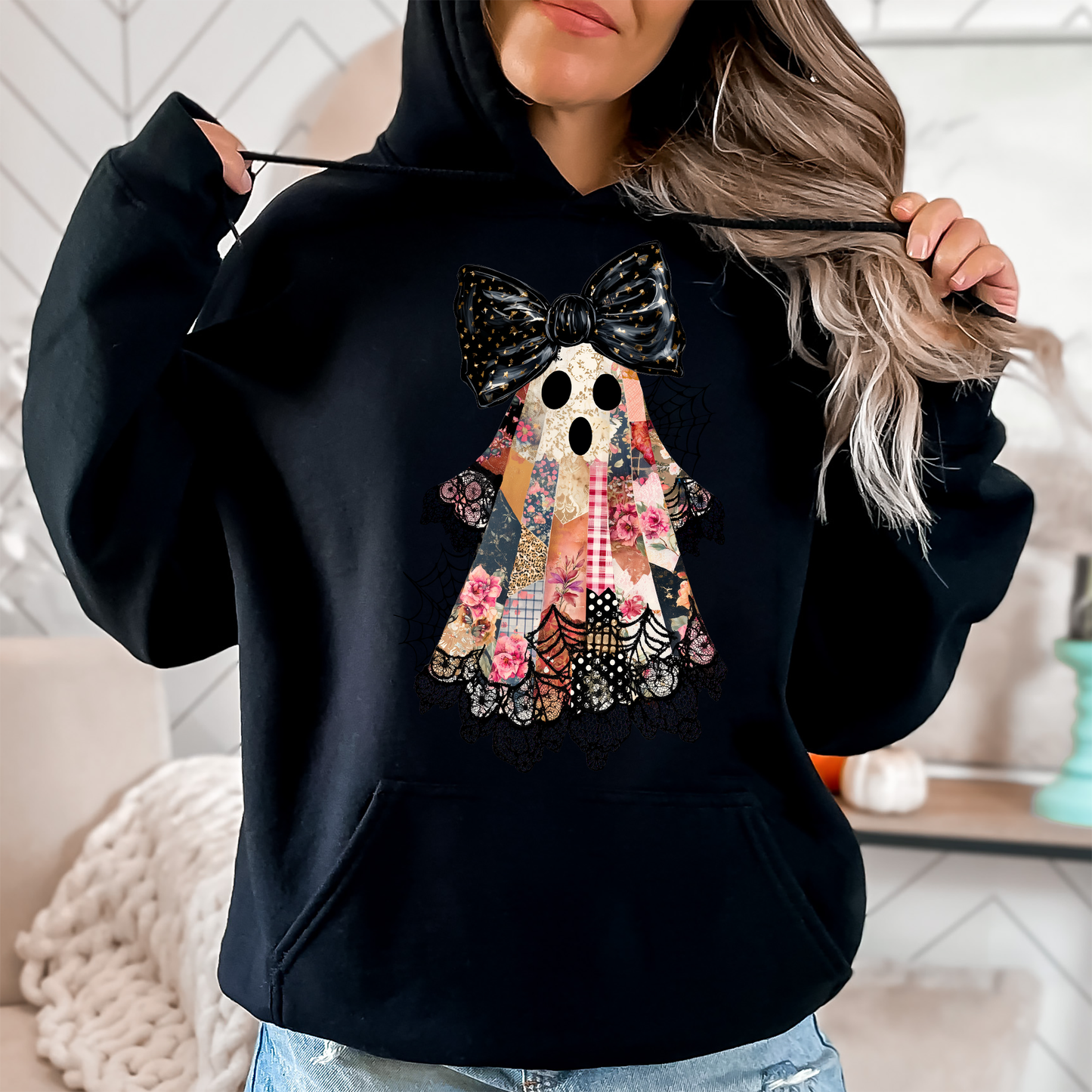 Faux Patchwork Lace Ghost Shirt, Patchwork Ghost, Lace Ghost, Spooky Season, Coquette Ghost, Graphic Hoodie, Hooded Sweatshirt