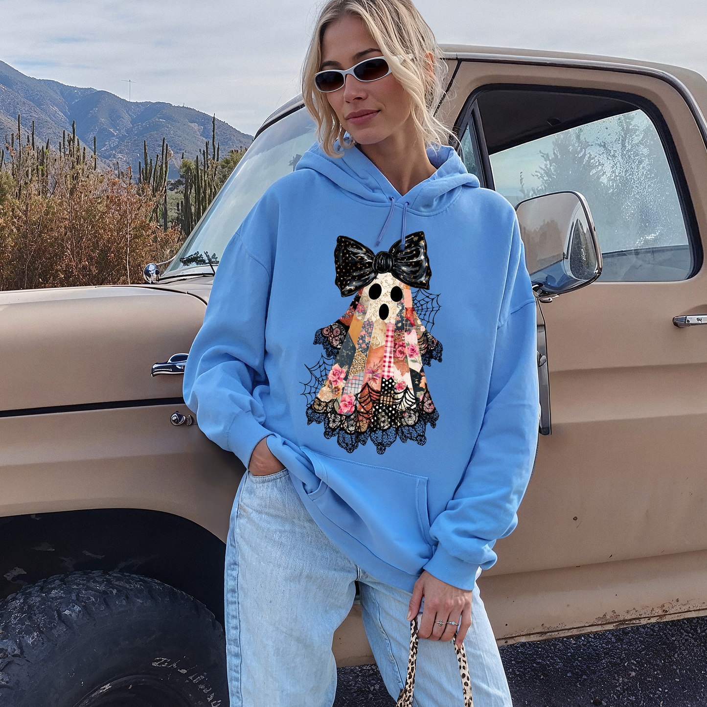 Faux Patchwork Lace Ghost Shirt, Patchwork Ghost, Lace Ghost, Spooky Season, Coquette Ghost, Graphic Hoodie, Hooded Sweatshirt