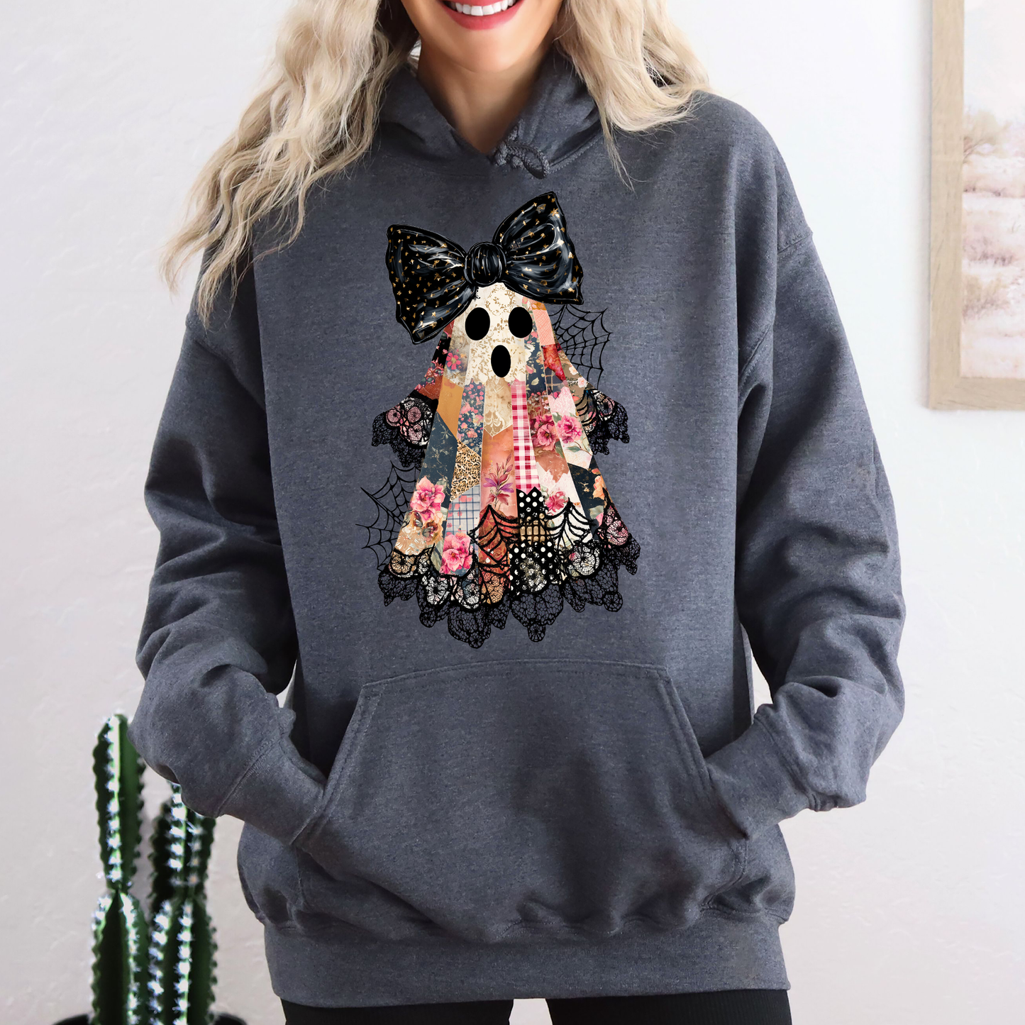 Faux Patchwork Lace Ghost Shirt, Patchwork Ghost, Lace Ghost, Spooky Season, Coquette Ghost, Graphic Hoodie, Hooded Sweatshirt