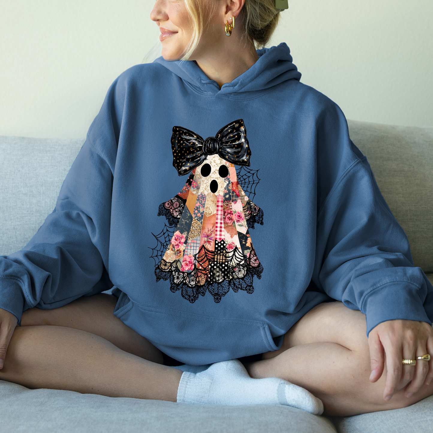 Faux Patchwork Lace Ghost Shirt, Patchwork Ghost, Lace Ghost, Spooky Season, Coquette Ghost, Graphic Hoodie, Hooded Sweatshirt