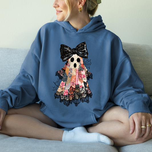 Faux Patchwork Lace Ghost Shirt, Patchwork Ghost, Lace Ghost, Spooky Season, Coquette Ghost, Graphic Hoodie, Hooded Sweatshirt
