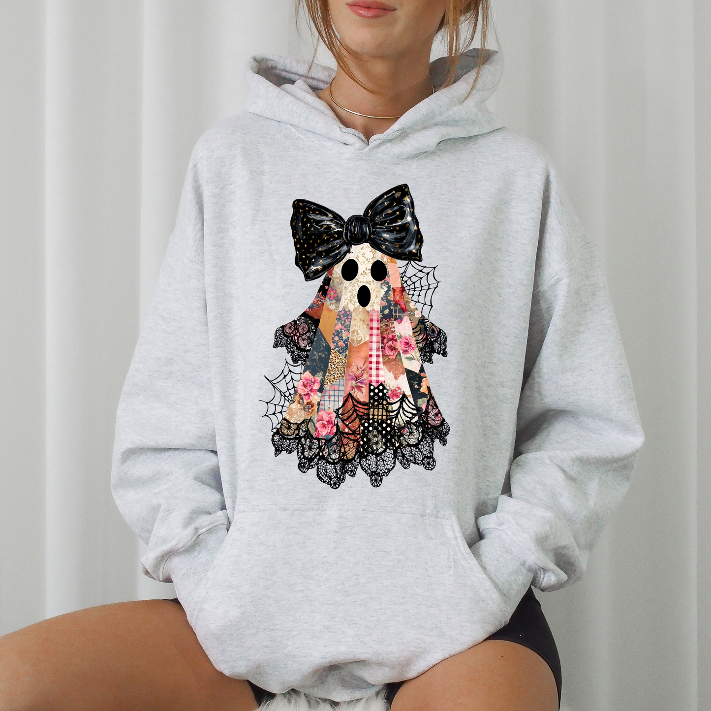 Faux Patchwork Lace Ghost Shirt, Patchwork Ghost, Lace Ghost, Spooky Season, Coquette Ghost, Graphic Hoodie, Hooded Sweatshirt