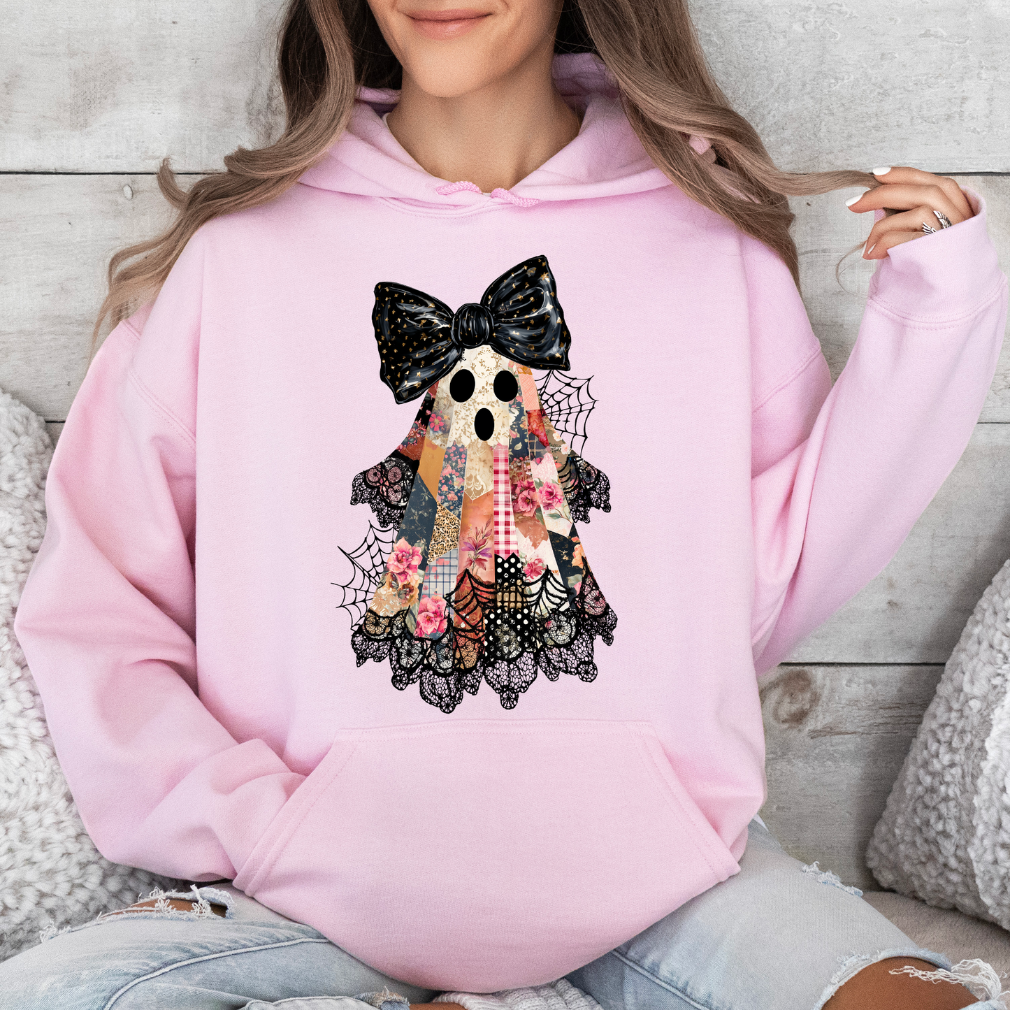 Faux Patchwork Lace Ghost Shirt, Patchwork Ghost, Lace Ghost, Spooky Season, Coquette Ghost, Graphic Hoodie, Hooded Sweatshirt