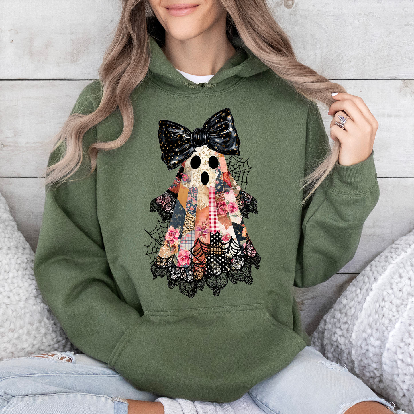 Faux Patchwork Lace Ghost Shirt, Patchwork Ghost, Lace Ghost, Spooky Season, Coquette Ghost, Graphic Hoodie, Hooded Sweatshirt